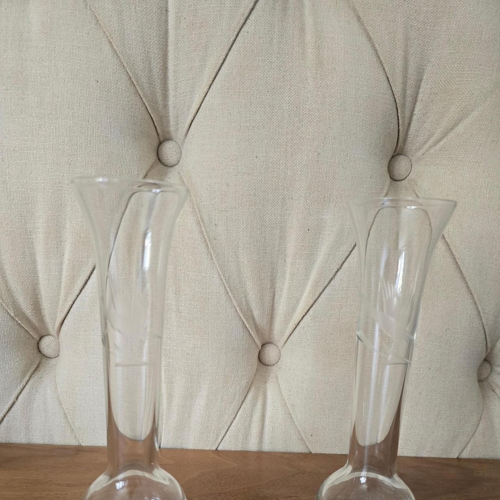 Pair of etched glass bud vases 7.9 in